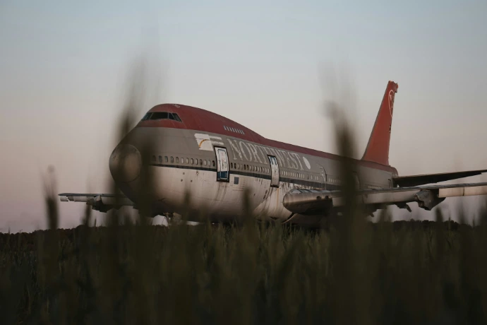 an airplane sitting in a field of tall grass
